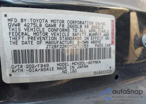 2000 Toyota Camry Le V6 z USA, uszkodzony, nr VIN JT2BF22K0Y0272053